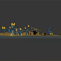 Cartoon Fantasy Scene With Yellow Ground Blue Plants Yellow Flowers And Small Black Creatures
