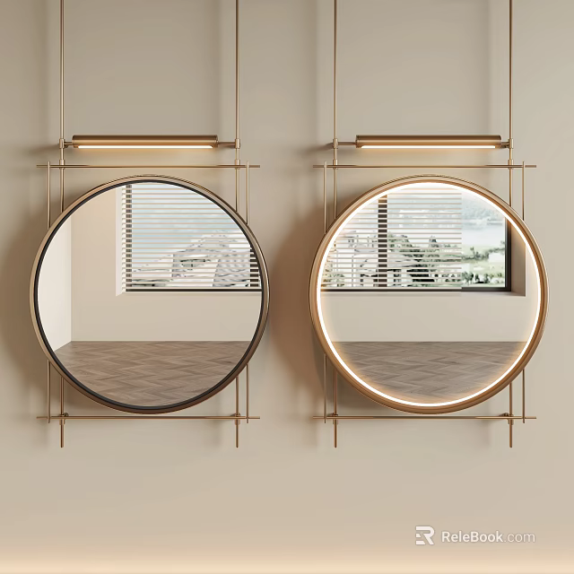 Round Wall Mounted Mirrors With Metal Frame Reflecting Window And Wooden Floor 3d model 