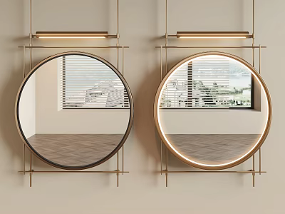 Round Wall Mounted Mirrors With Metal Frame Reflecting Window And Wooden Floor 3d model