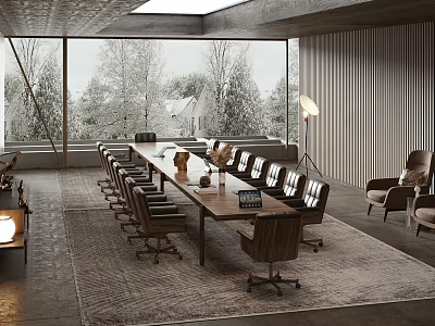 Modern Conference Room With Large Windows Long Meeting Table Chairs Area Rug And Floor Lamp 3d model