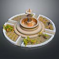 Garden Ornament Circular Tiered Fountain Surrounded by Small Plants and Stone Borders
