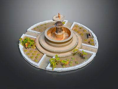 Garden Ornament Circular Tiered Fountain Surrounded by Small Plants and Stone Borders 3d model