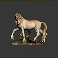 Ceramic Horse Statue In Beige Pink Color With Lifted Front Leg And Green Grass Base