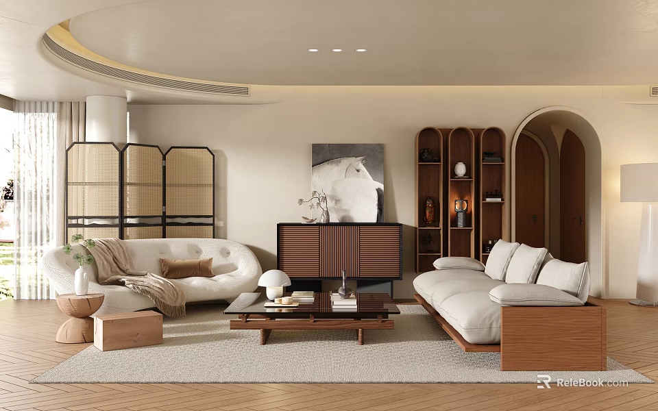 Modern Living Room Interior Design With Sofa Coffee Table Bookshelf And Decorative Painting 3d model 