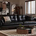 Modern Living Room Black Leather Sofa with Accent Pillows and Round Coffee Table Set