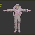Man Wearing White Astronaut Suit With Red Stripes Arms Outstretched On Gray Background