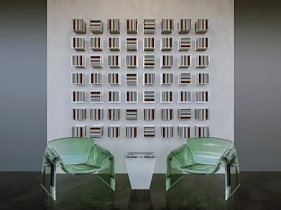 Sofa Background Wall With Neatly Arranged Square Decorations Green Transparent Chairs And Small White Table 3d model