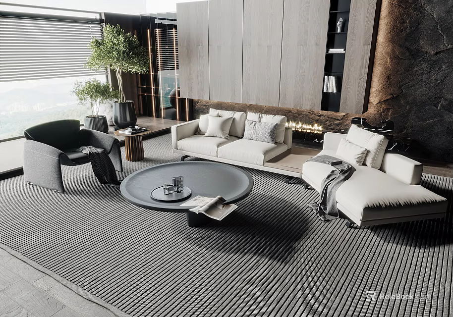 Modern Living Room Sofa and Coffee Table Set With Rug and Potted Plant 3d model 