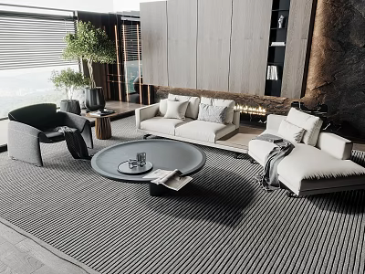 Modern Living Room Sofa and Coffee Table Set With Rug and Potted Plant 3d model