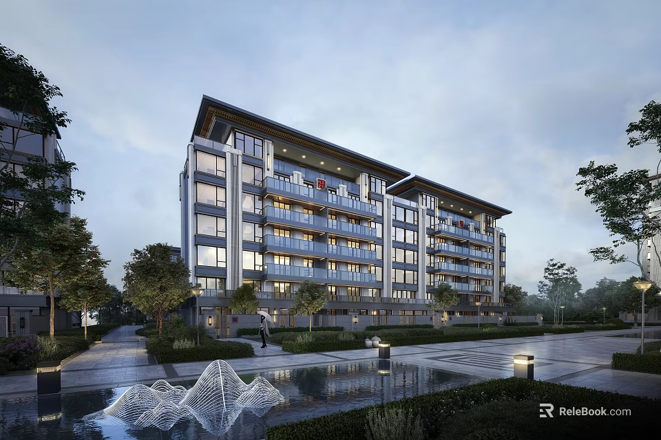 Modern Multi Storey Residential Building With Glass Facade Balconies And Landscaped Garden Water Feature 3d model 