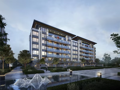 Modern Multi Storey Residential Building With Glass Facade Balconies And Landscaped Garden Water Feature 3d model