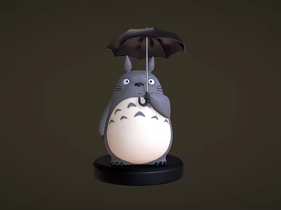 Cute Totoro Doll With Gray Body White Belly Holding Umbrella On Black Base 3d model