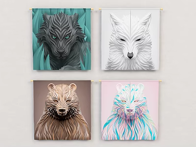 Colorful Animal Tapestry Wall Hangings With Black White Brown Wolf And Bear Heads 3d model