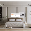 Modern Bedroom Interior With Brown Headboard White Quilt Pillows Green Plants And Wall Art