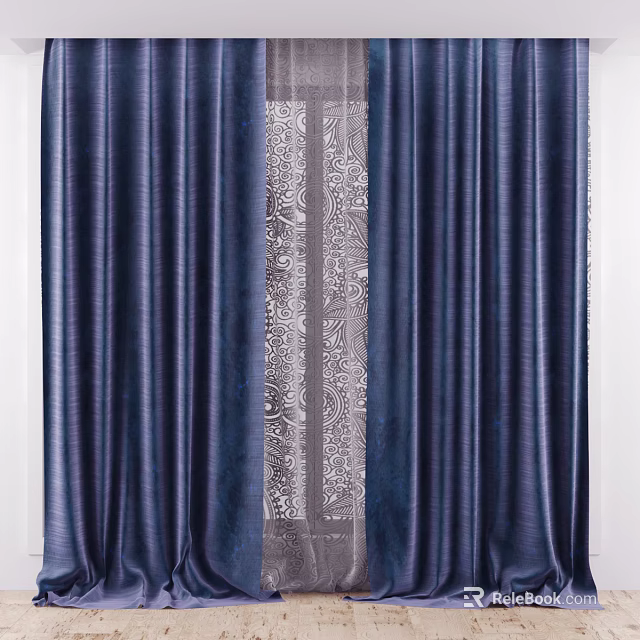 Elegant Navy Blue Velvet Curtains With Central Ornate Patterned Stripe Design 3d model 