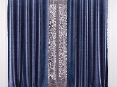 Elegant Navy Blue Velvet Curtains With Central Ornate Patterned Stripe Design 3d model