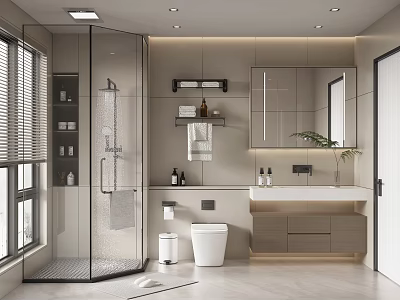 Modern Bathroom Interior Design With Glass Shower Enclosure Toilet Vanity Mirror And Cabinets 3d model