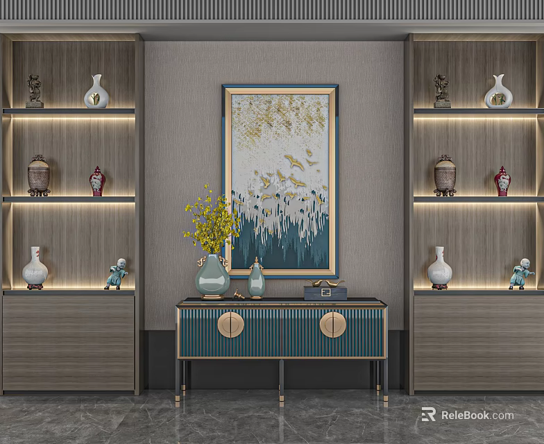 Elegant Modern Entryway Interior With Console Table Side Cabinet Vases And Wall Art 3d model