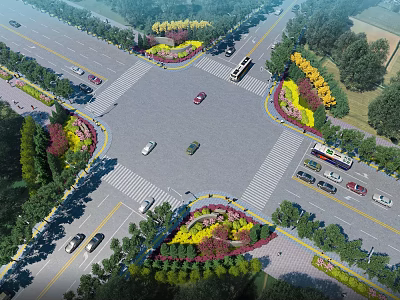 Municipal Road Intersection Design With Vehicles Green Belts Flower Beds And Trees 3d model