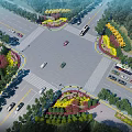 Municipal Road Intersection Design With Vehicles Green Belts Flower Beds And Trees