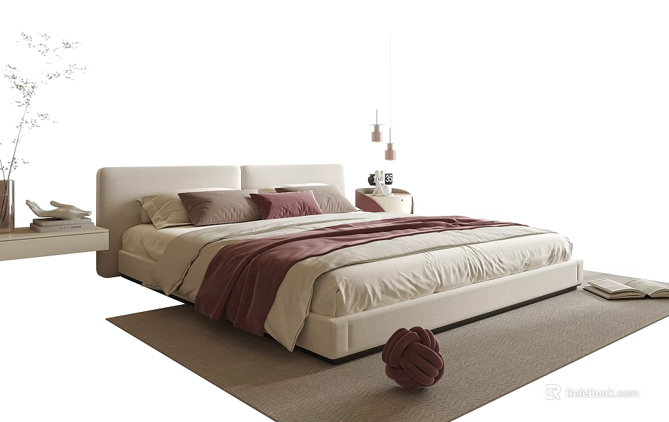 Modern Double Bed with White Headboard Gray Pink Pillows Pink Throw Blanket and Bedside Rug 3d model 
