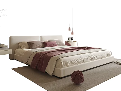 Modern Double Bed with White Headboard Gray Pink Pillows Pink Throw Blanket and Bedside Rug 3d model
