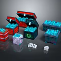 Colorful Open Storage Chests Filled With Blue Blocks And White Cubes Around