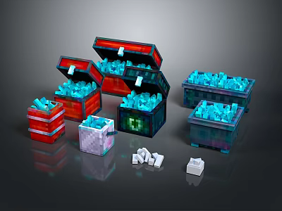 Colorful Open Storage Chests Filled With Blue Blocks And White Cubes Around 3d model