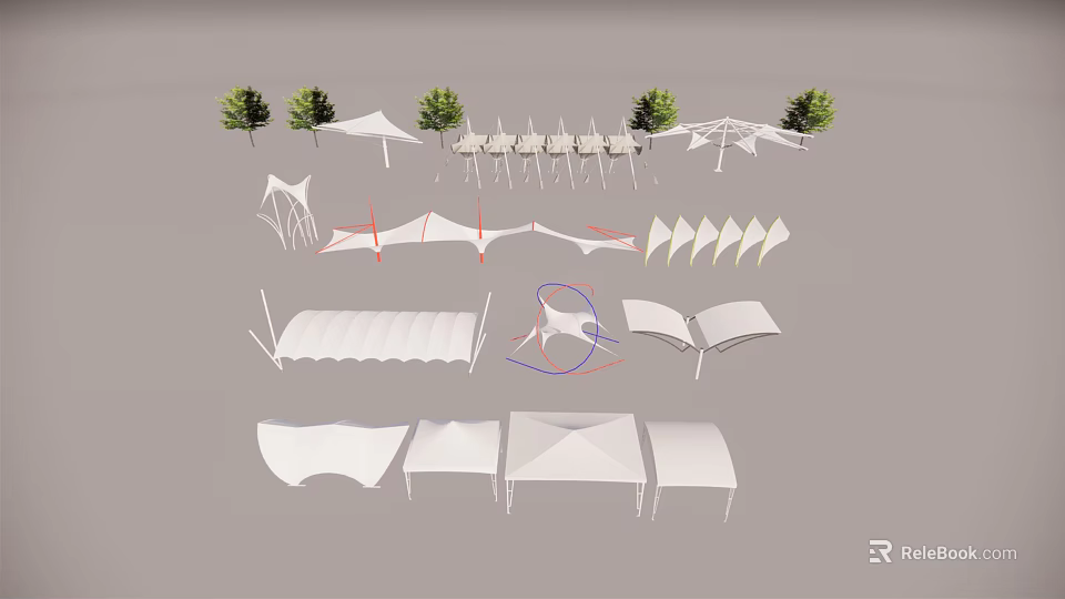 Outdoor Tensile Membrane Structures Design With Various Shapes And Trees 3d model