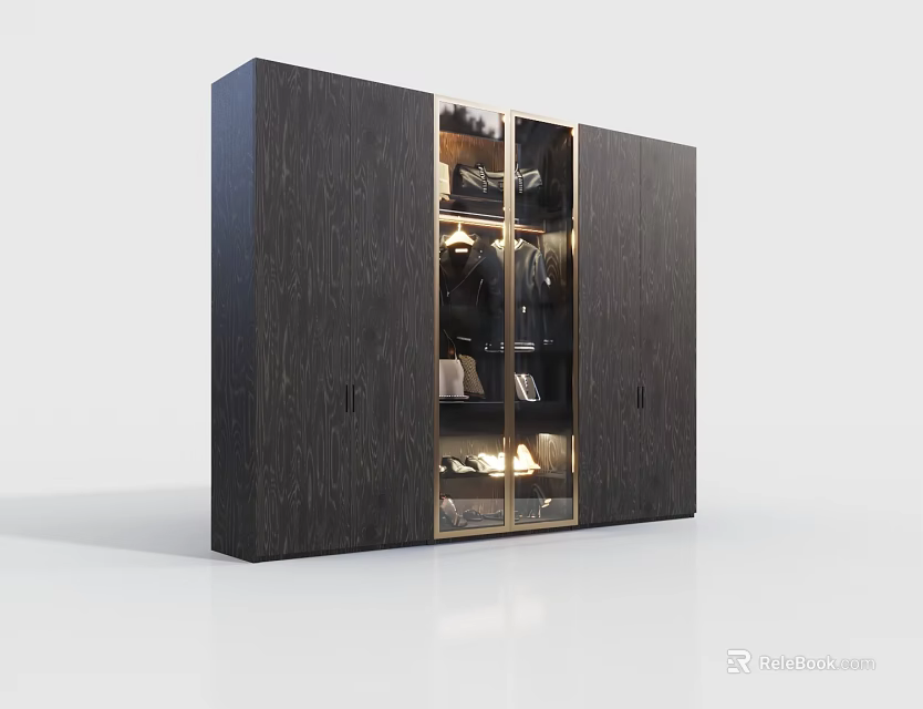 Modern Dark Wood Wardrobe With Glass Door And Clothing Storage Shelves 3d model 