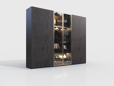 Modern Dark Wood Wardrobe With Glass Door And Clothing Storage Shelves 3d model