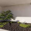 Modern Garden Ornament Design With Green Tree Lawn Black Gravel And White Spherical Decorations