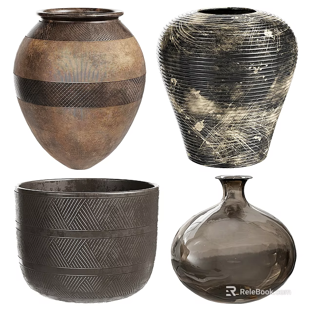 Ceramic Vessels Collection With Various Shapes Textured Designs And Earth Tones 3d model 