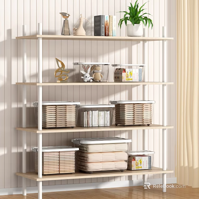 Multi tiered Wooden Shelving Unit for Home Storage with Woven Baskets Books and Decorative Items 3d model 