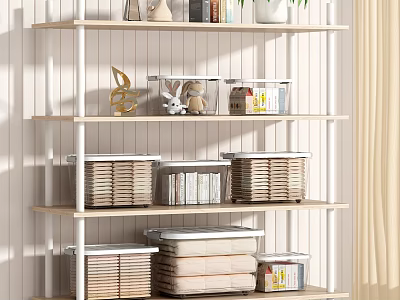 Multi tiered Wooden Shelving Unit for Home Storage with Woven Baskets Books and Decorative Items 3d model