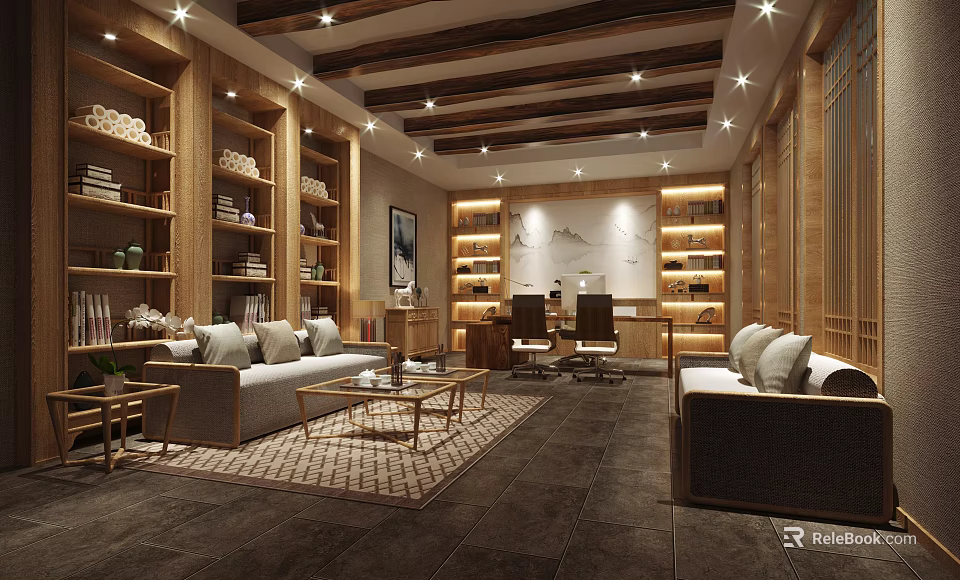 Elegant Office Interior With Wooden Bookshelves Sofas Office Desk Chairs Rug Ceiling Beams And Lighting 3d model 