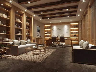 Elegant Office Interior With Wooden Bookshelves Sofas Office Desk Chairs Rug Ceiling Beams And Lighting 3d model