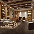Elegant Office Interior With Wooden Bookshelves Sofas Office Desk Chairs Rug Ceiling Beams And Lighting