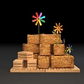 Decorative Colorful Pinwheels On Stacked Hay Bales Pyramid With Wooden Crates