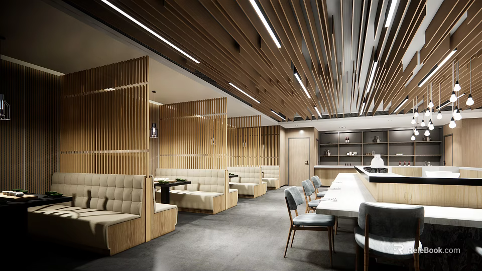 Modern Restaurant Interior With Wooden Slat Ceiling Booth Seating And Warm Ambiance 3d model 