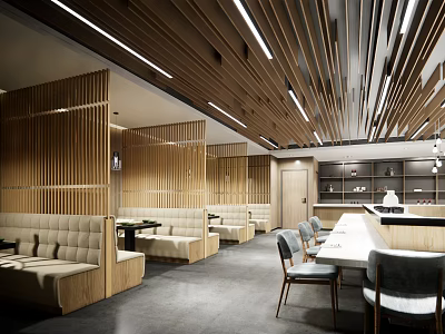Modern Restaurant Interior With Wooden Slat Ceiling Booth Seating And Warm Ambiance 3d model