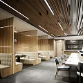 Modern Restaurant Interior With Wooden Slat Ceiling Booth Seating And Warm Ambiance