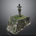 Rustic Stone Lantern On Moss Covered Ancient Stone Wall Structure