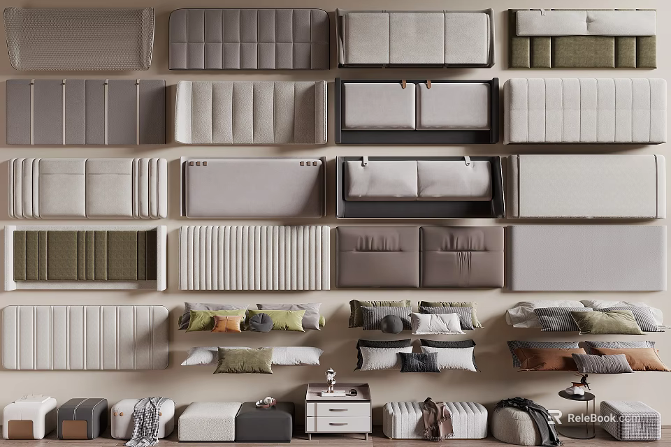 Modern Bed Linens Collection Featuring Neutral Tones Green Accents Striped And Solid Patterns 3d model 