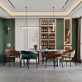 Modern Elegant Restaurant Interior With Dining Table Chairs Green Walls Wine Cabinet And Pendant Lights