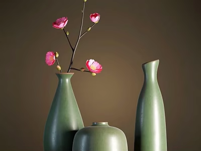 Green Decorative Vases With Pink Flowers In Various Shapes And Bloom Stages 3d model