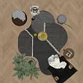 Shaped Dark Gray Rug With White Lines On Wooden Floor Featuring Green Apples And Plant