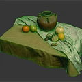 Table Covered With Brown And White Cloth Holding Earthenware Jar And Assorted Fruits