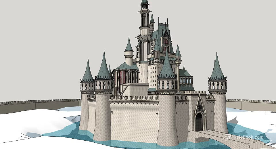 Ancient Castle Architecture With Multiple Spires And Stone Structure Surrounding Water 3d model