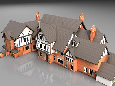 European Style Architecture Featuring Red Brick Walls Gray Roofs And Half Timbered Details 3d model